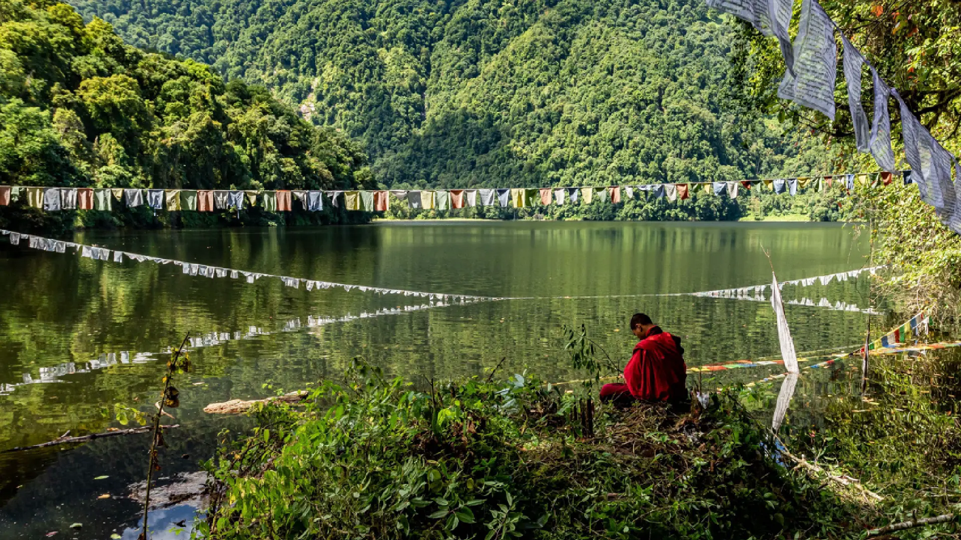 Prayer flags over a lake in Bhutan